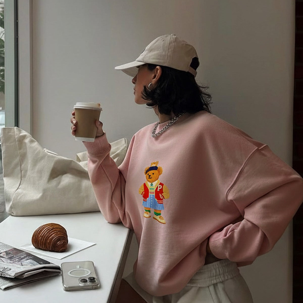Kadın Oversize Sweatshirt Campus Bear Baskılı Pembe – Bisiklet Yaka, 3 İplik Şardonlu Polar