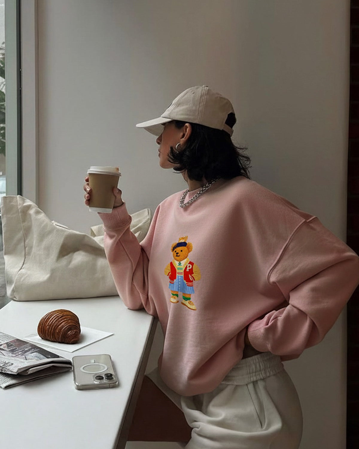 Kadın Oversize Sweatshirt Campus Bear Baskılı Pembe – Bisiklet Yaka, 3 İplik Şardonlu Polar