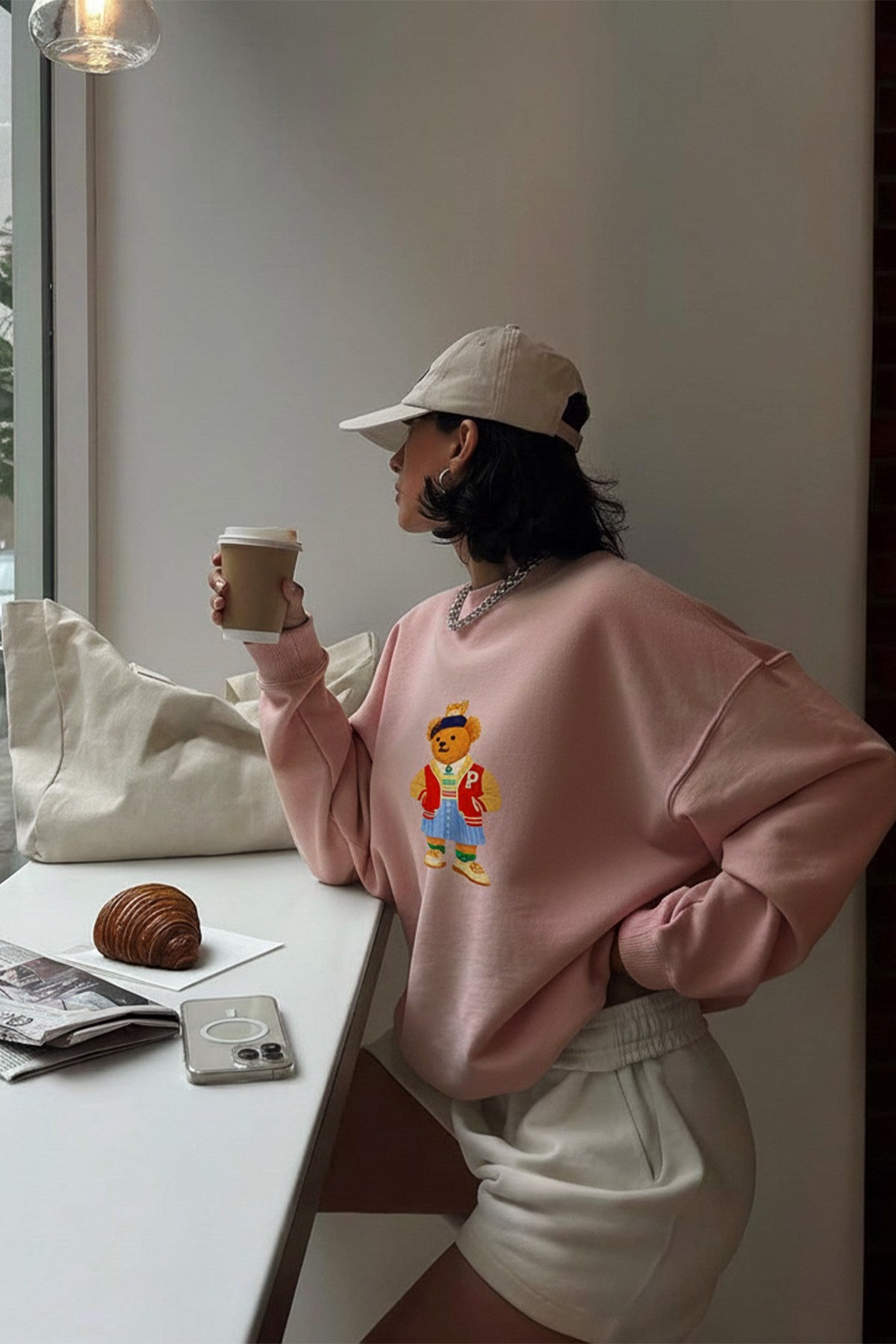 Kadın Oversize Sweatshirt Campus Bear Baskılı Pembe – Bisiklet Yaka, 3 İplik Şardonlu Polar