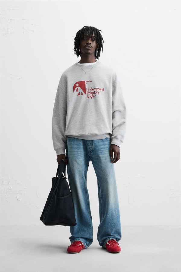 Gri Melanj Underground Trajectory Angle Yazılı Bisiklet Yaka Oversize Sweatshirt