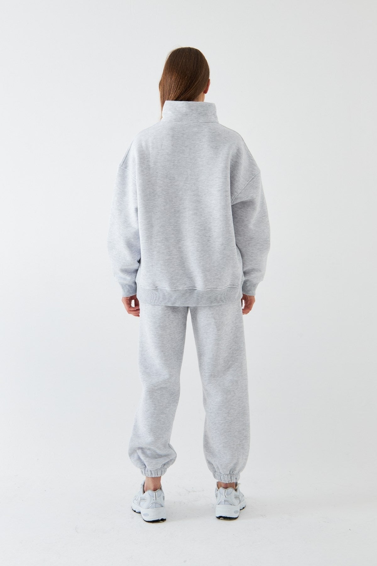 Unisex Oversize Sweatshirt Basic Gri – Yarım Fermuar Dik Yaka, 3 İplik Şardonlu Polar