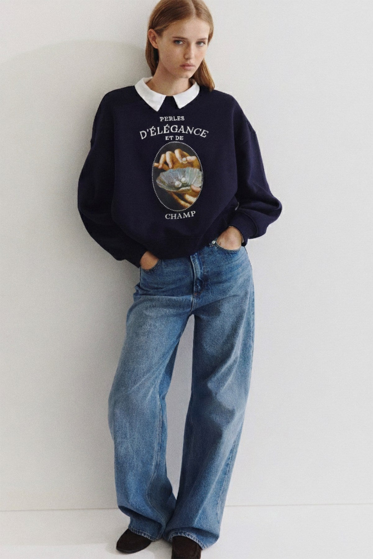 Kadın Oversize Sweatshirt Perles d’Élégance Baskılı Lacivert – Bisiklet Yaka, 3 İplik Şardonlu Polar