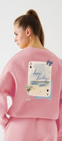 Kadın Oversize Sweatshirt How Lucky Are We Baskılı Pembe – Bisiklet Yaka, 3 İplik Şardonlu Polar