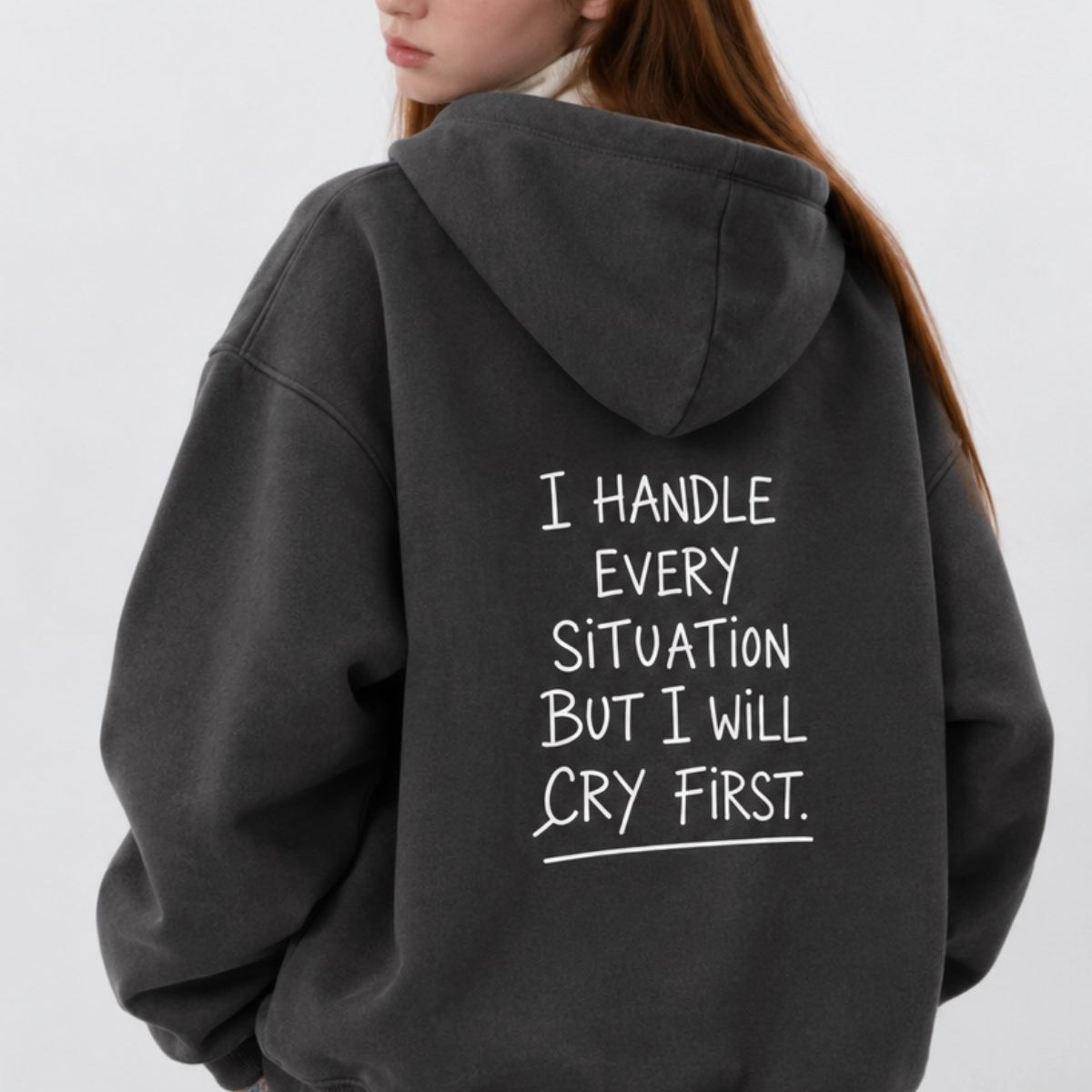 Kadın Oversize Hoodie Cry First Baskılı Füme – Kapüşonlu, Kanguru Cepli, 3 İplik Şardonlu Polar