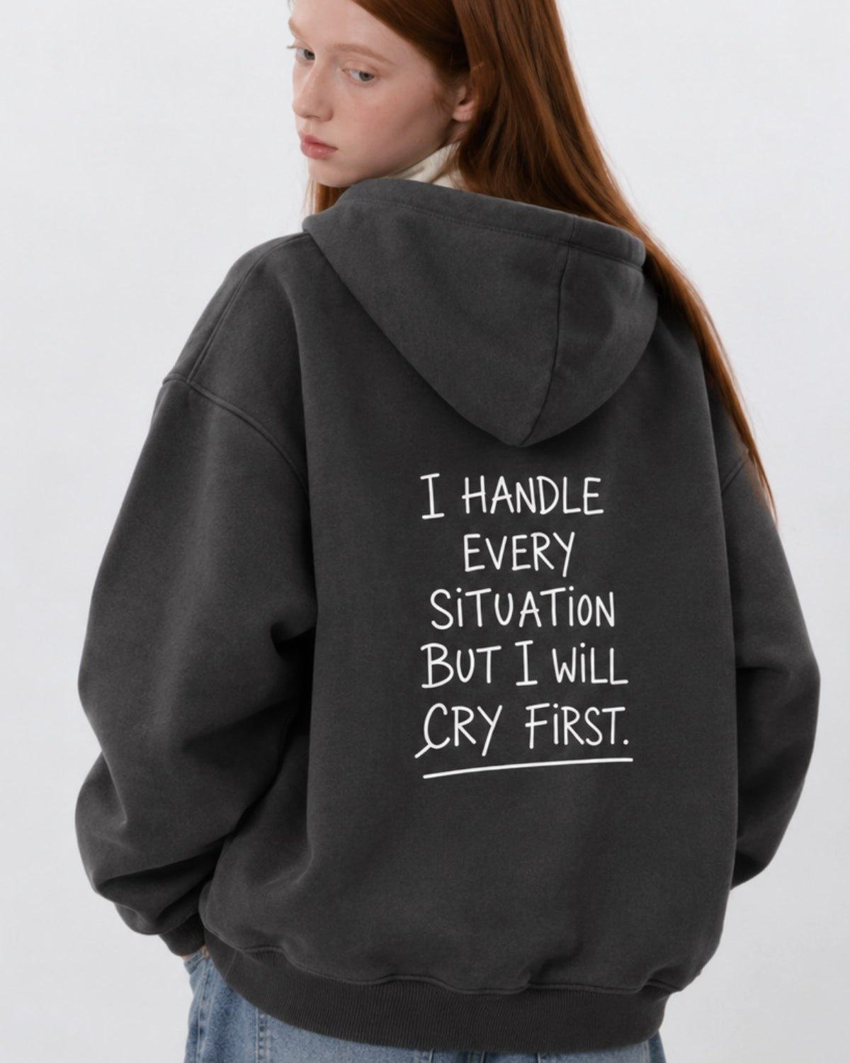 Kadın Oversize Hoodie Cry First Baskılı Füme – Kapüşonlu, Kanguru Cepli, 3 İplik Şardonlu Polar