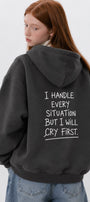 Kadın Oversize Hoodie Cry First Baskılı Füme – Kapüşonlu, Kanguru Cepli, 3 İplik Şardonlu Polar