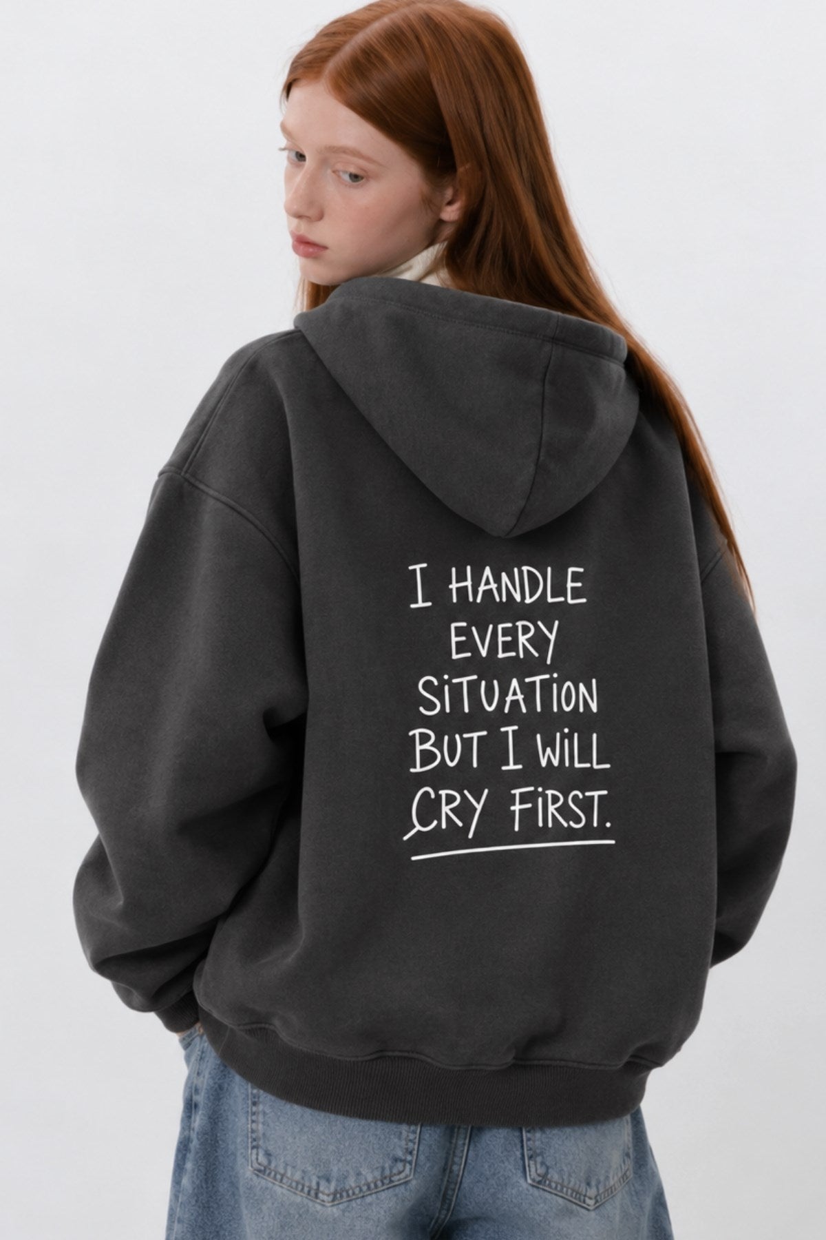 Kadın Oversize Hoodie Cry First Baskılı Füme – Kapüşonlu, Kanguru Cepli, 3 İplik Şardonlu Polar