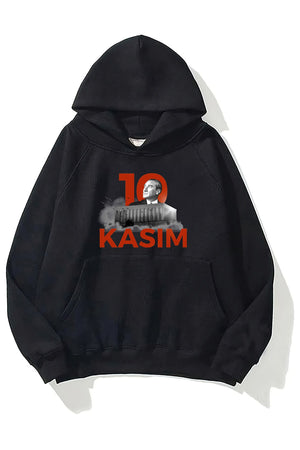 Kapüşonlu İçi Polar Kemal Atatürk 10 Kasım Baskılı Siyah Unisex Hoodie Sweatshirt