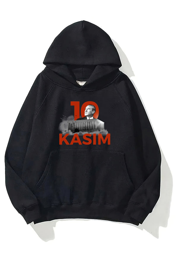 Kapüşonlu İçi Polar Kemal Atatürk 10 Kasım Baskılı Siyah Unisex Hoodie Sweatshirt