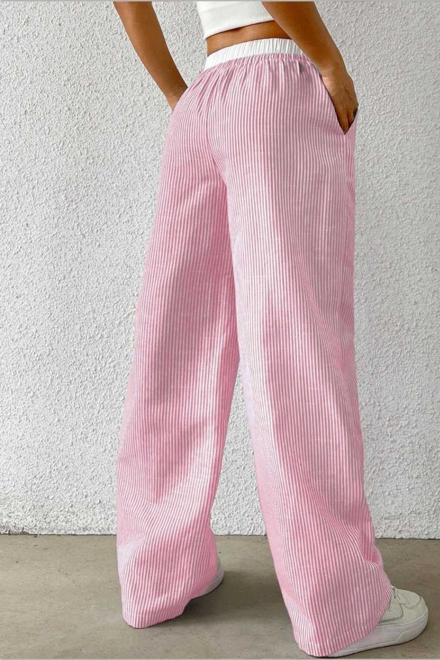 Kadın Pembe Çizgili Poplin Dokuma Pantolon – Yüksek Bel Lastikli Bol Paça Rahat Model