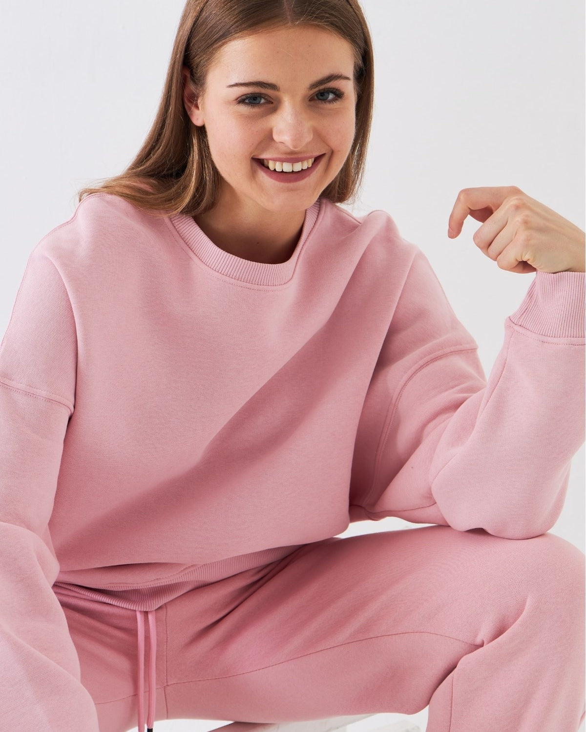 Unisex Oversize Sweatshirt Basic Pembe – Bisiklet Yaka, 3 İplik Şardonlu Polar