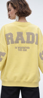 Kadın Oversize Sweatshirt Paradise Varsity Kabartma Baskılı Sarı – Bisiklet Yaka, 3 İplik Şardonlu Polar