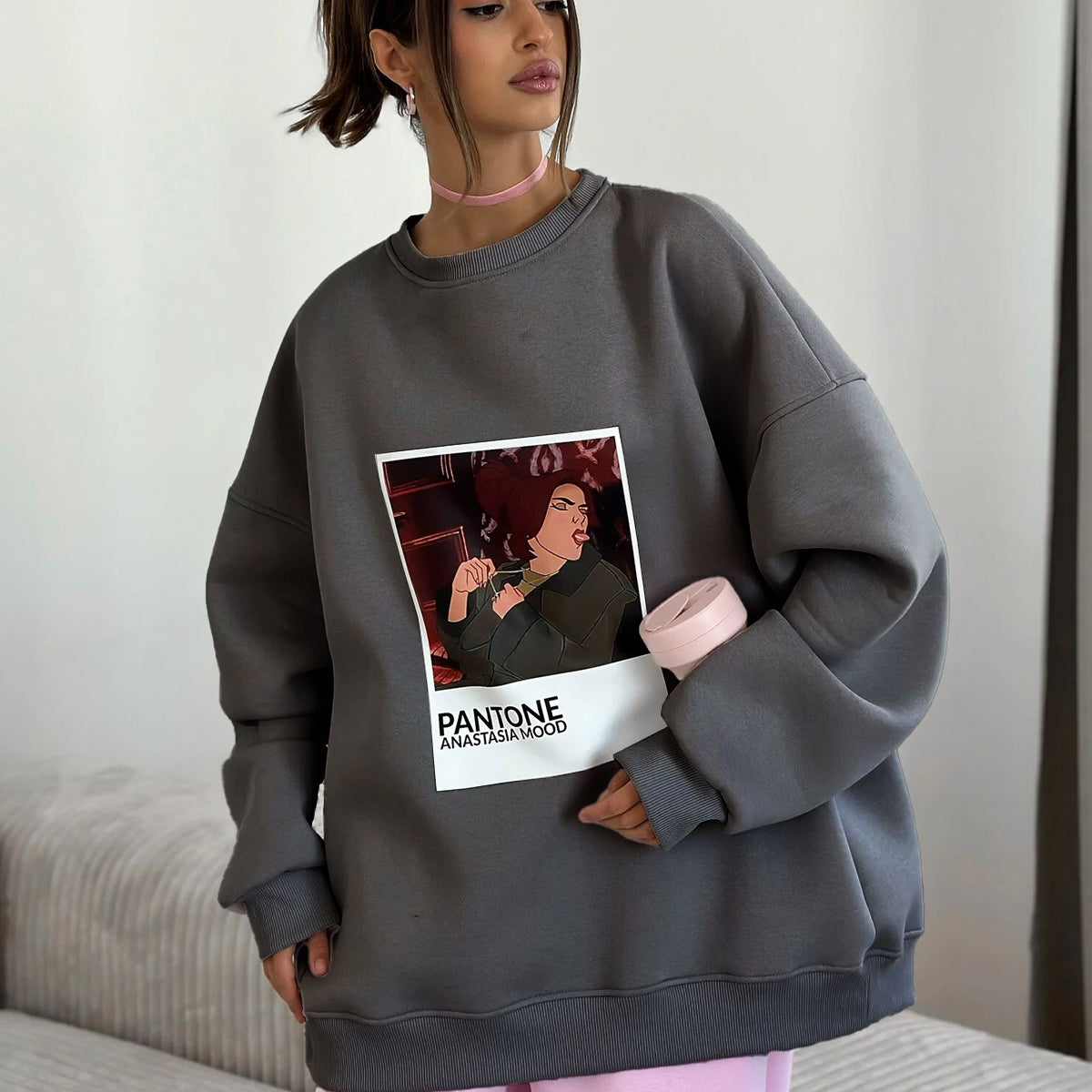 Kadın Oversize Sweat Elbise Füme – 3 İplik Şardonlu , Bisiklet Yaka, Pantone - prenses baskılı