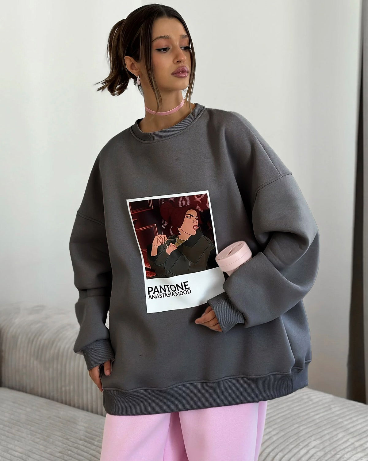 Kadın Oversize Sweat Elbise Füme – 3 İplik Şardonlu , Bisiklet Yaka, Pantone - prenses baskılı