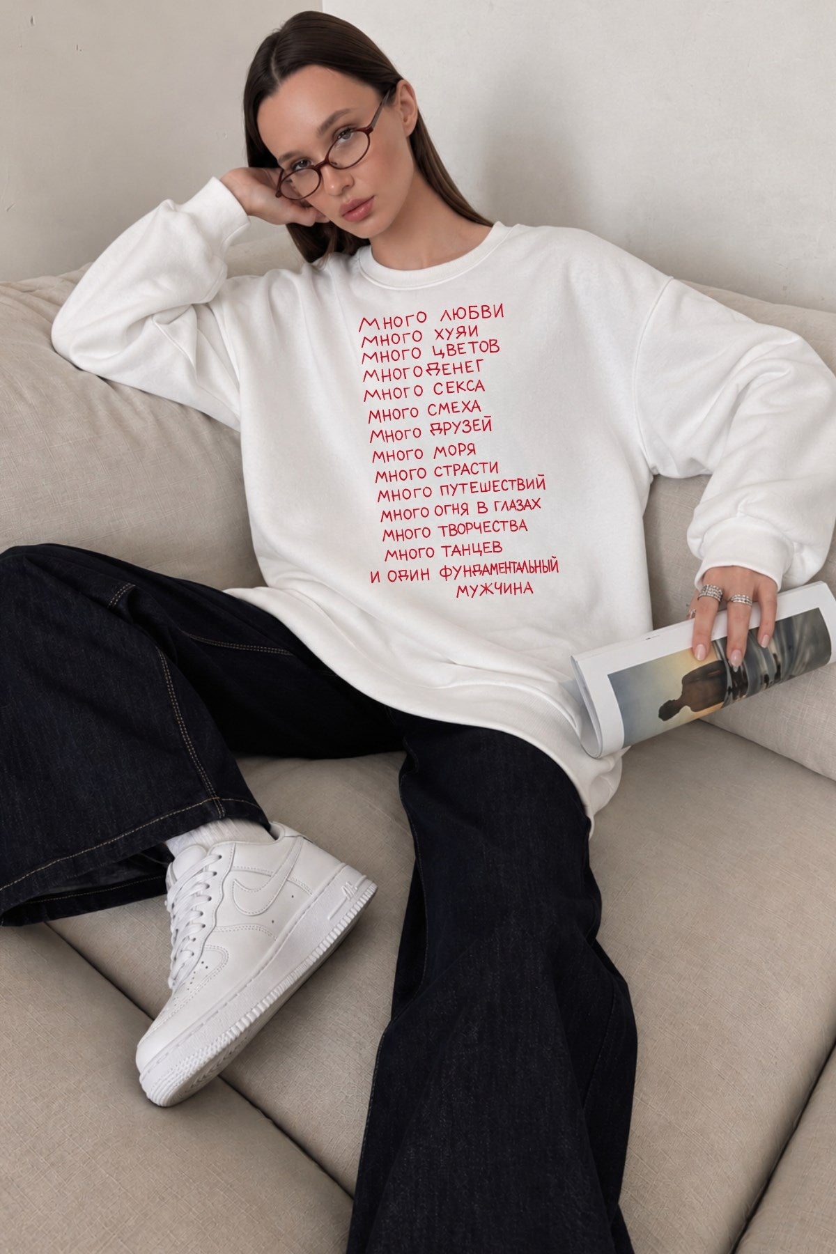 Kadın Oversize Sweatshirt Elbise More Love Baskılı Beyaz – Bisiklet Yaka, 3 İplik Şardonlu Polar
