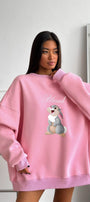 Kadın Oversize Sweatshirt Elbise Blessed Bunny Baskılı Pembe – Bisiklet Yaka, 3 İplik Şardonlu Polar