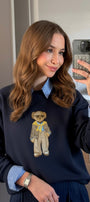 Kadın Oversize Sweatshirt Gentleman Bear Baskılı Lacivert – Bisiklet Yaka, 3 İplik Şardonlu