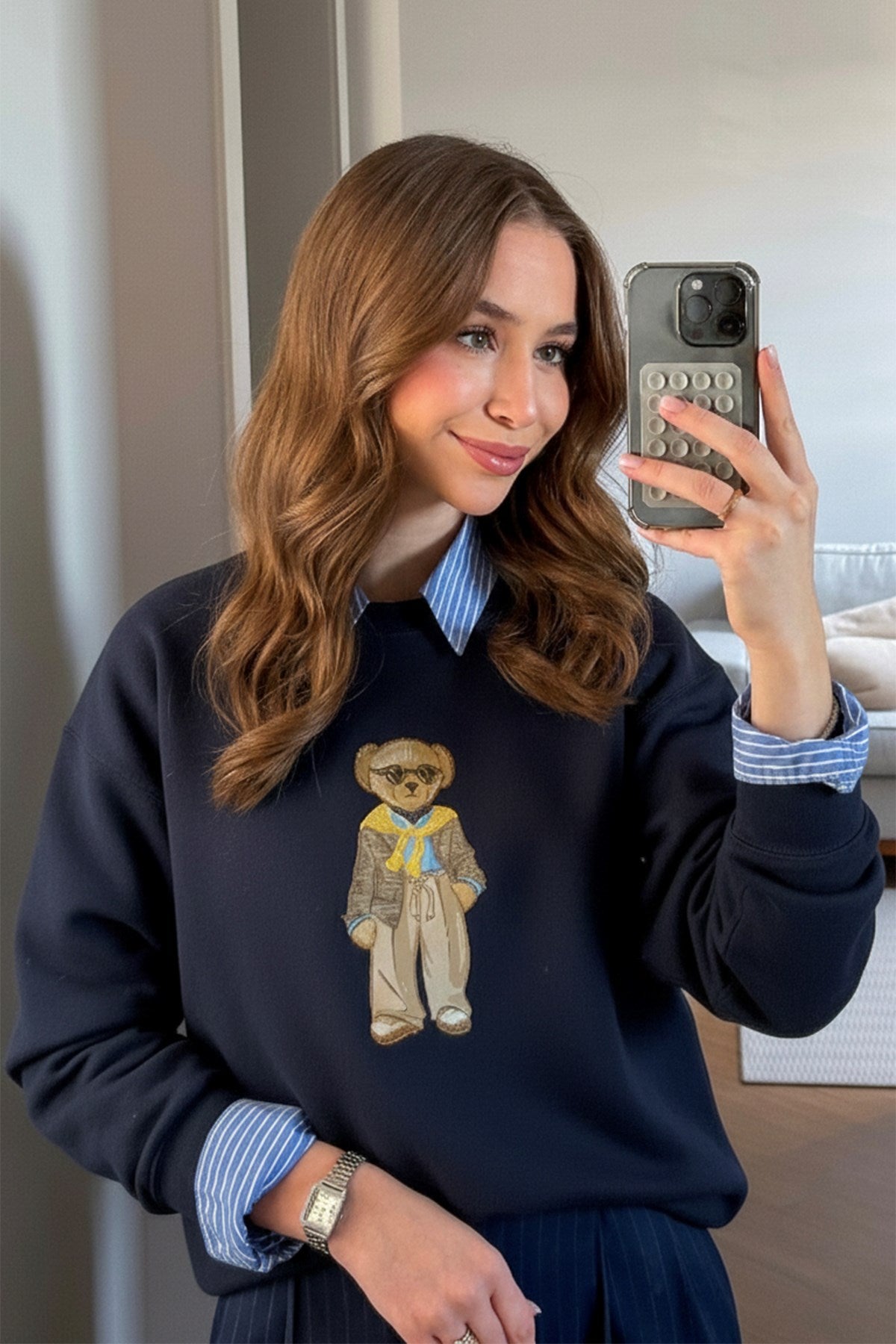 Kadın Oversize Sweatshirt Gentleman Bear Baskılı Lacivert – Bisiklet Yaka, 3 İplik Şardonlu