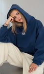 İndigo Unisex Yüksek Baskılı Kapüşonlu Kanguru Cepli Oversize Hoodie