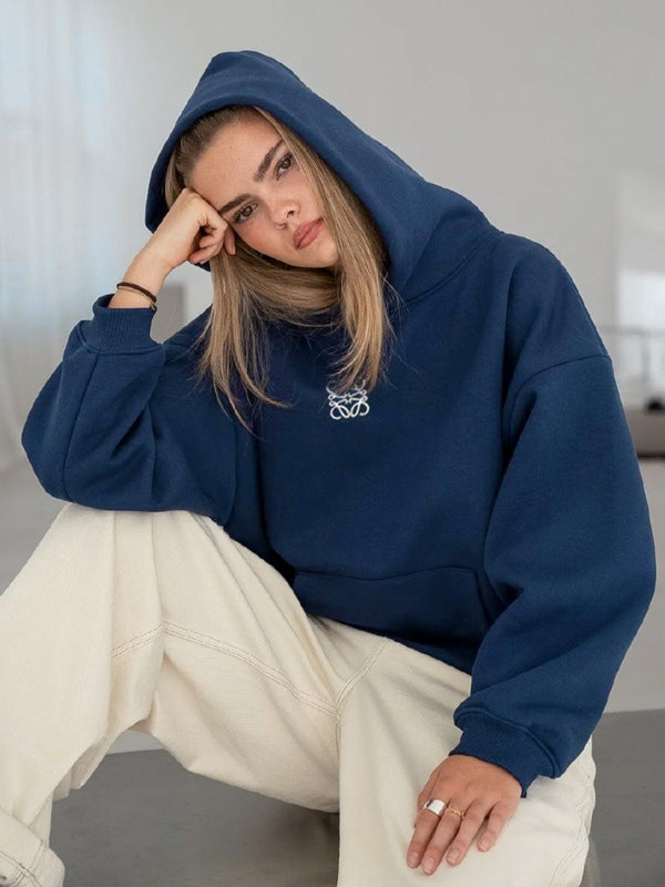 İndigo Unisex Yüksek Baskılı Kapüşonlu Kanguru Cepli Oversize Hoodie