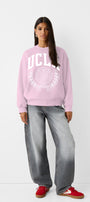 Ucla Yazı Baskılı Bisiklet Yaka İçi Polar Oversize Kesim Unisex Pembe Sweatshirt