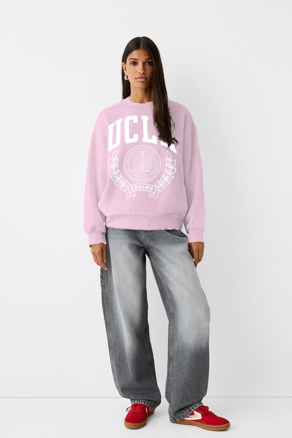 Ucla Yazı Baskılı Bisiklet Yaka İçi Polar Oversize Kesim Unisex Pembe Sweatshirt