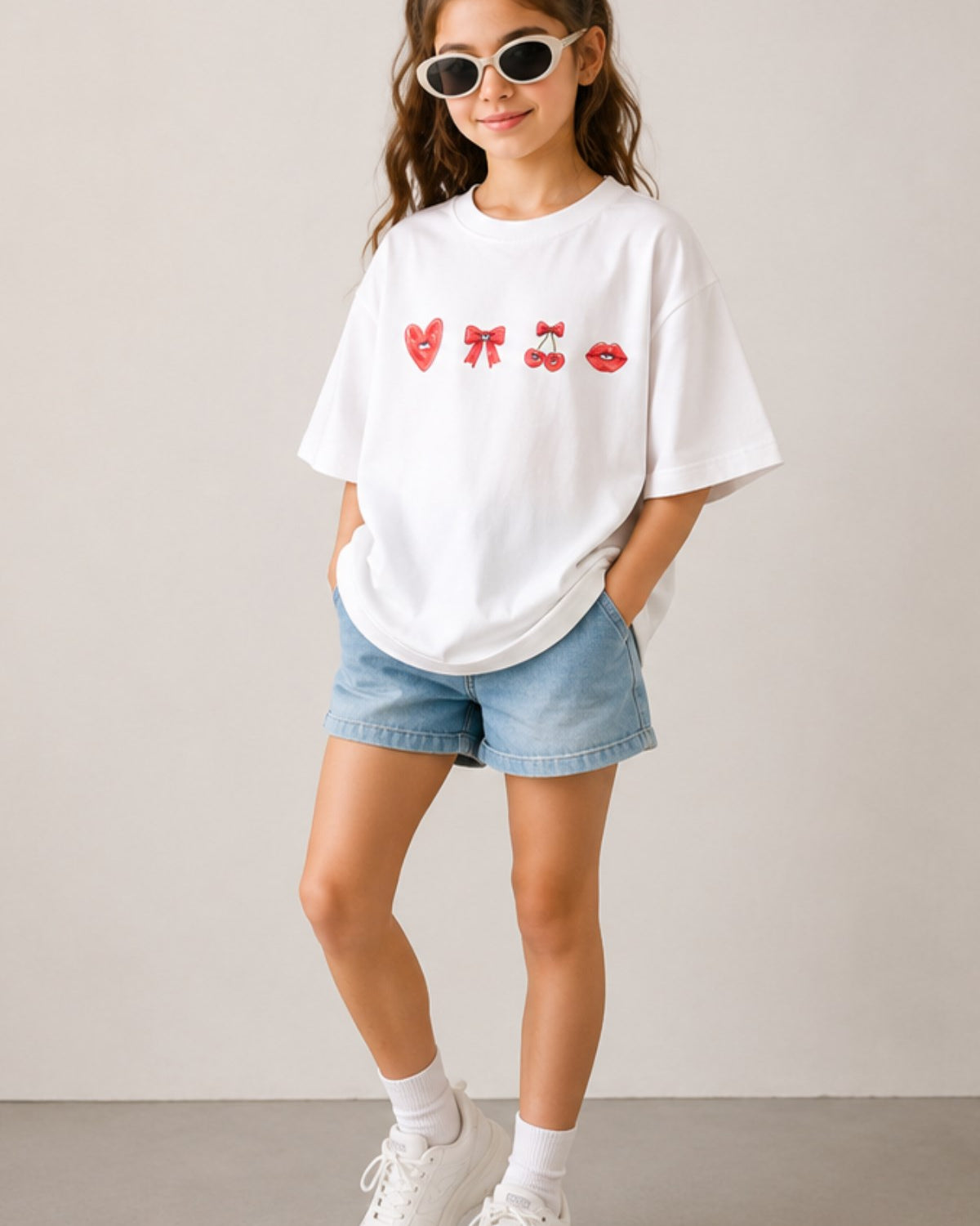 Kız Çocuk Oversize Tişört Cherry Kiss Baskılı Beyaz – Bisiklet Yaka, Rahat Kalıp, %100 Pamuk