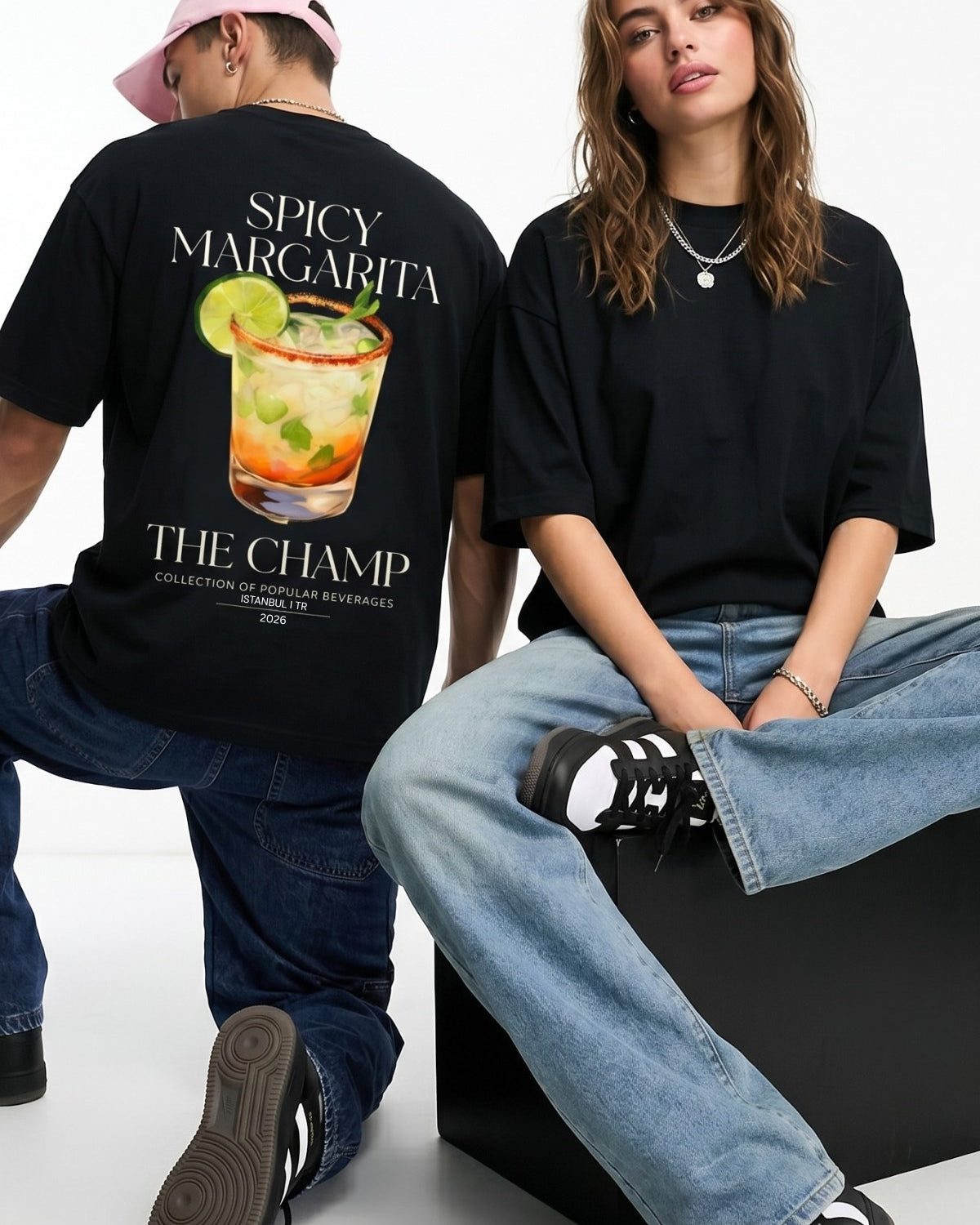 Unisex Oversize Tişört Spicy Margarita Baskılı Siyah – Bisiklet Yaka, Rahat Kalıp, %100 Pamuk
