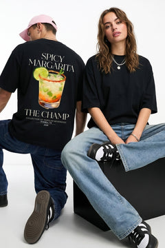 Unisex Oversize Tişört Spicy Margarita Baskılı Siyah – Bisiklet Yaka, Rahat Kalıp, %100 Pamuk