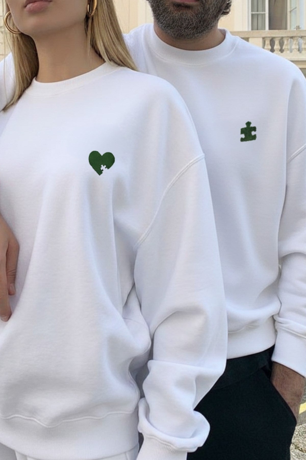 Unisex Oversize Sweatshirt Puzzle Heart Baskılı Beyaz – Bisiklet Yaka, Sevgilergünü, Couple, Hediye