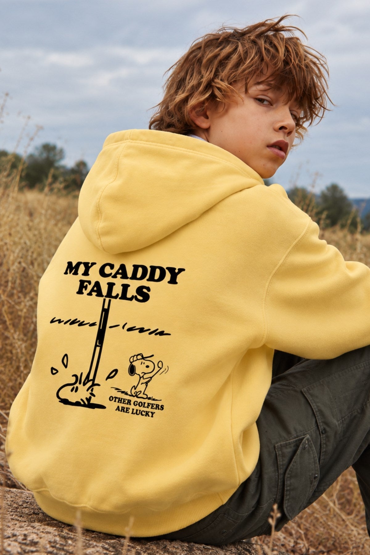 Erkek Çocuk Oversize Hoodie My Caddy Falls Baskılı Sarı – Kapüşonlu, Cepli, 3 İplik Polar