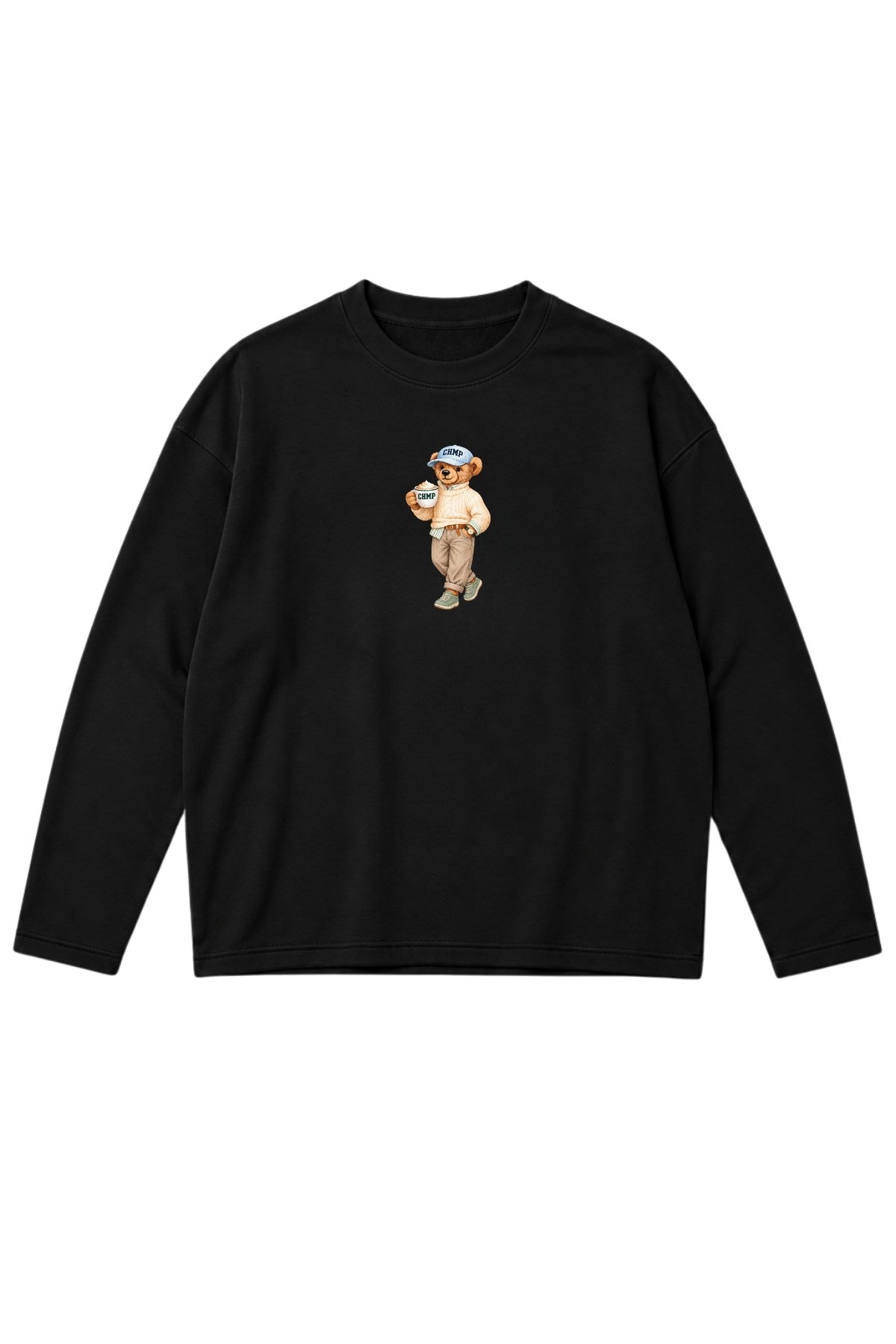 Kadın Relaxed Fit Sweatshirt Coffee Bear Baskılı Siyah – Bisiklet Yaka, 3 İplik Şardonsuz, Geniş Kol