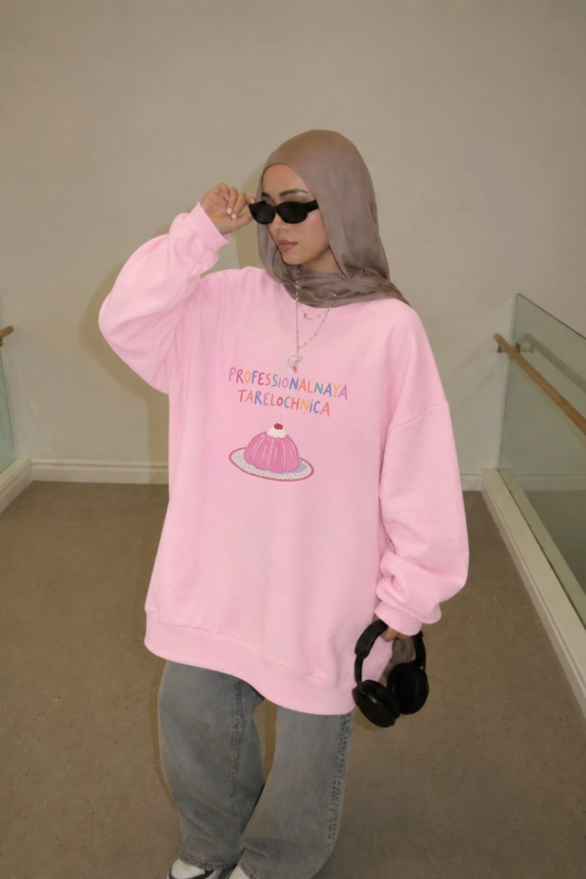 Kadın Oversize Sweatshirt Elbise Sweet Mood Baskılı Pembe – Bisiklet Yaka, 3 İplik Şardonlu Polar