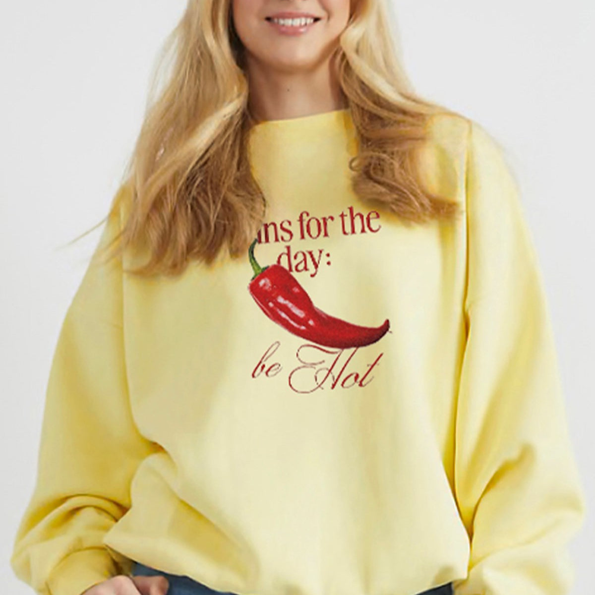 Kadın Oversize Sweatshirt Be Hot Baskılı Sarı – Bisiklet Yaka, 3 İplik Şardonlu Polar