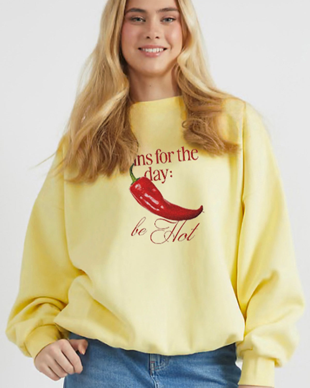 Kadın Oversize Sweatshirt Be Hot Baskılı Sarı – Bisiklet Yaka, 3 İplik Şardonlu Polar