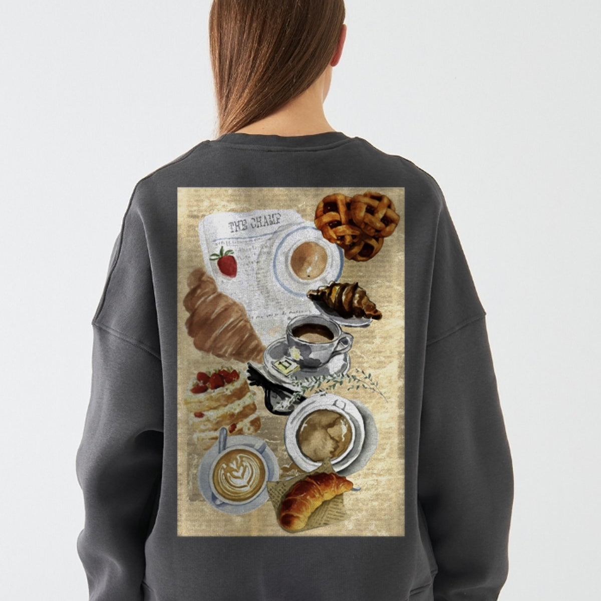 Kadın Oversize Sweatshirt Paris Coffee Journal Baskılı Füme – Bisiklet Yaka, 3 İplik Şardonlu Polar