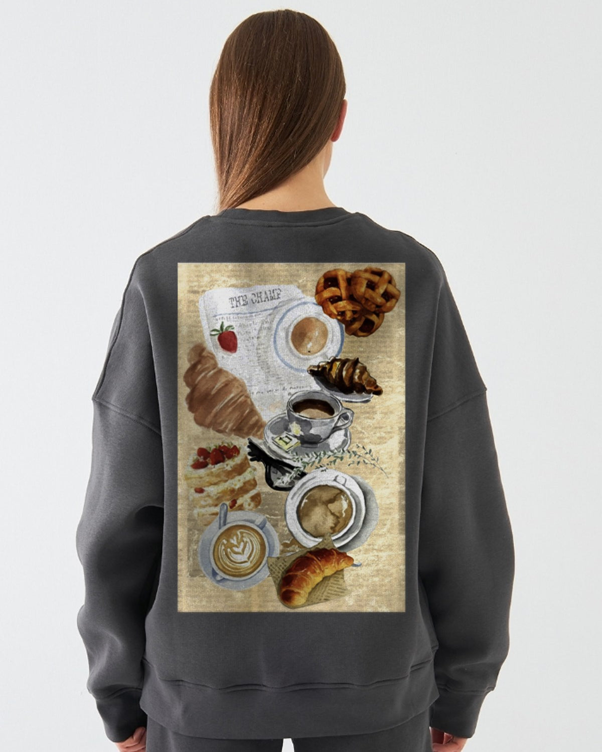 Kadın Oversize Sweatshirt Paris Coffee Journal Baskılı Füme – Bisiklet Yaka, 3 İplik Şardonlu Polar