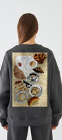Kadın Oversize Sweatshirt Paris Coffee Journal Baskılı Füme – Bisiklet Yaka, 3 İplik Şardonlu Polar
