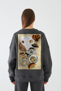 Kadın Oversize Sweatshirt Paris Coffee Journal Baskılı Füme – Bisiklet Yaka, 3 İplik Şardonlu Polar