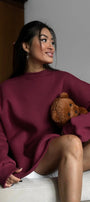 Kadın Oversize Sweatshirt Elbise Basic Bordo – Bisiklet Yaka, 3 İplik Şardonlu Polar