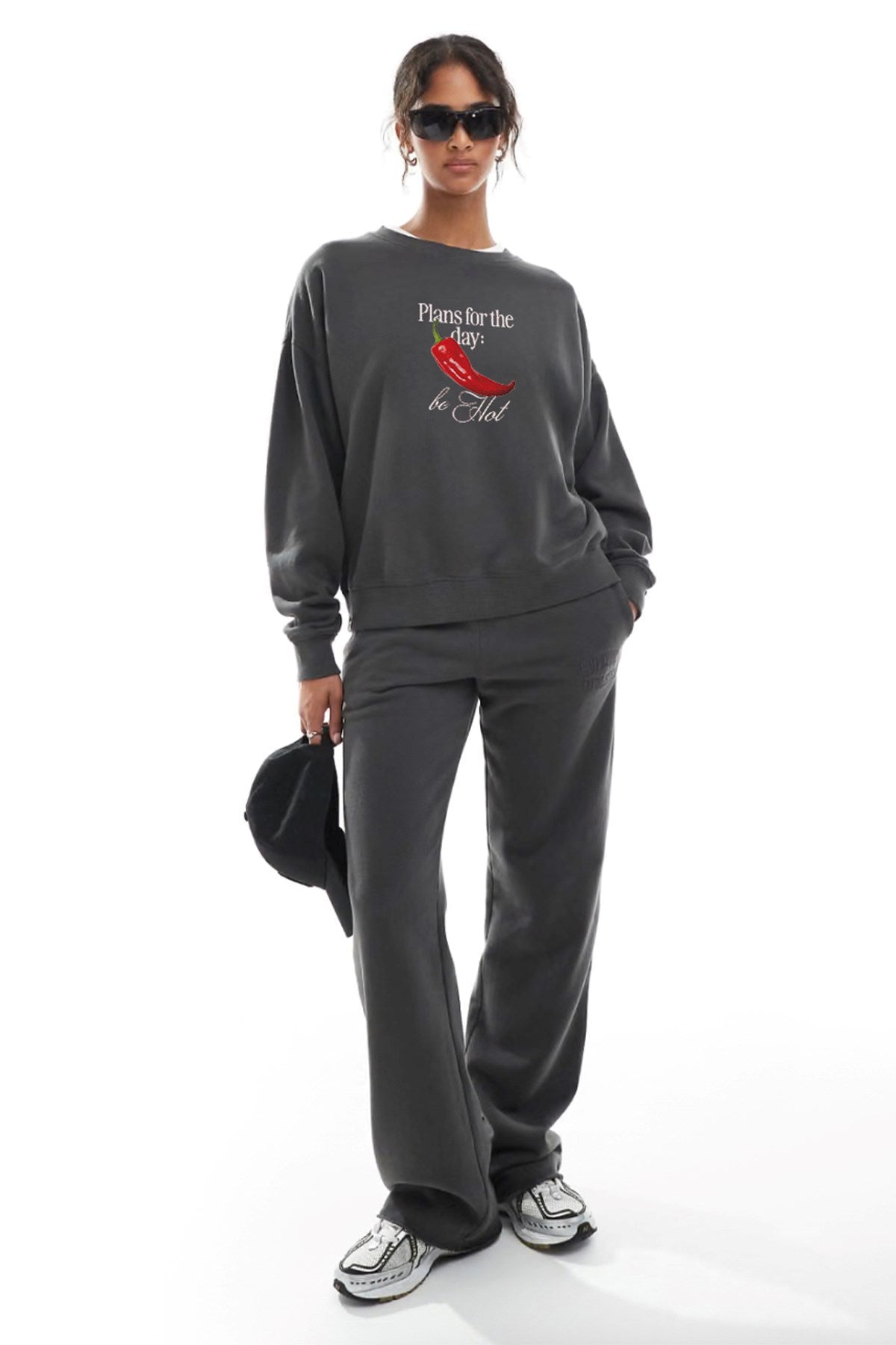 Kadın Oversize Sweatshirt Be Hot Baskılı Füme – Bisiklet Yaka, 3 İplik Şardonlu Polar