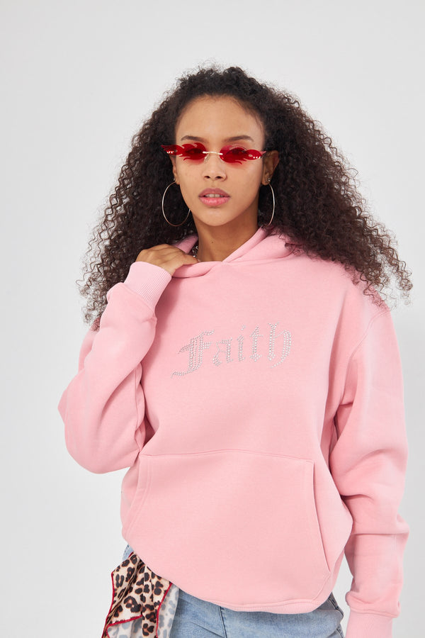 Faith Yazılı Taş Baskılı Kapüşonlu İçi Polar Oversize Pembe Sweatshirt