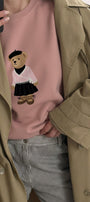 Kadın Oversize Sweatshirt Ballerina Bear Baskılı Pembe – Bisiklet Yaka, 3 İplik Şardonlu Polar