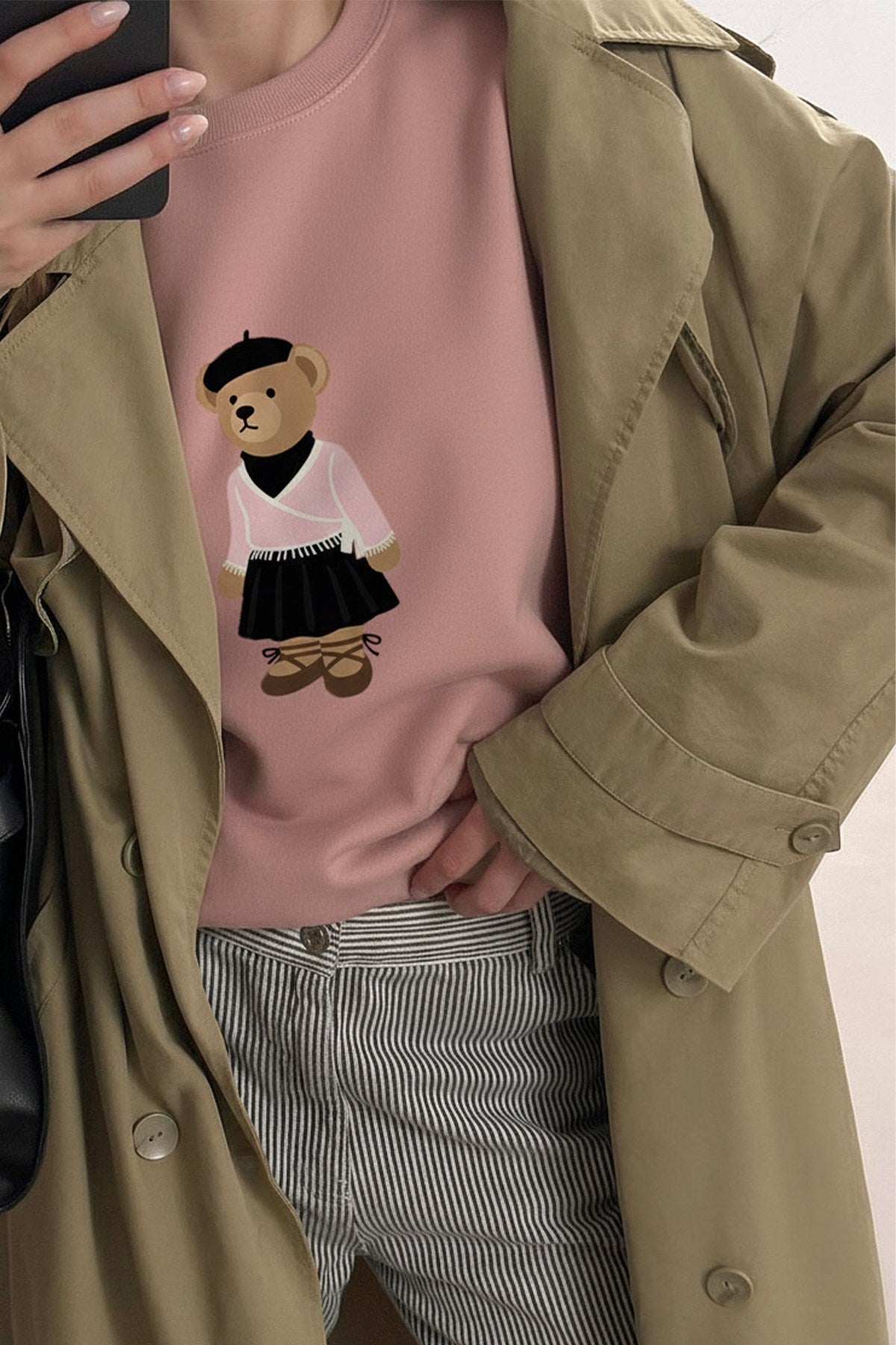 Kadın Oversize Sweatshirt Ballerina Bear Baskılı Pembe – Bisiklet Yaka, 3 İplik Şardonlu Polar