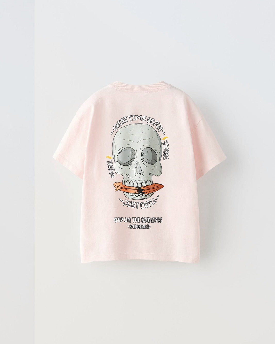 Great Time So Fun Yazılı Kuru Kafa Tasarım Baskılı Pembe Çocuk T-Shirt
