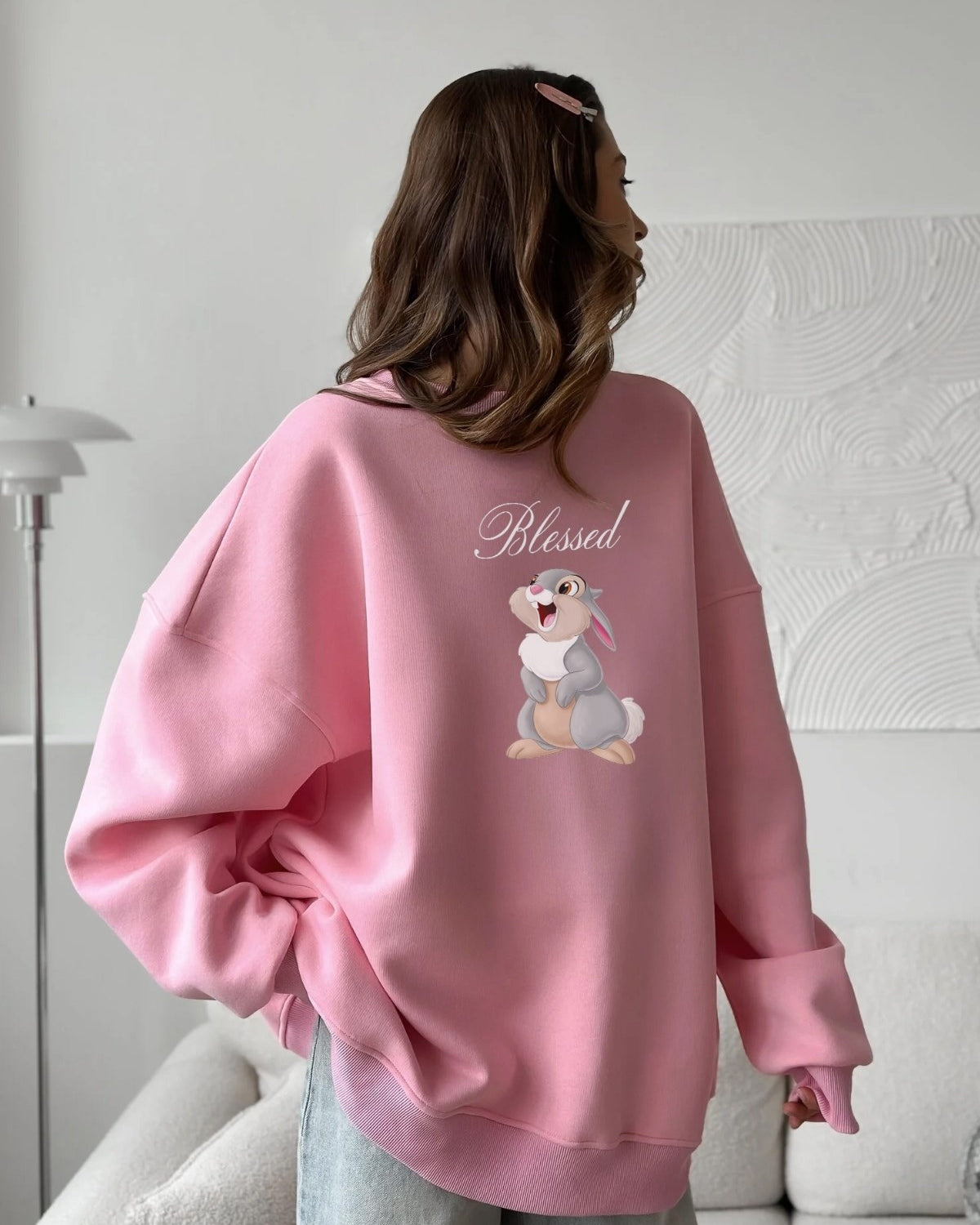 Kadın Oversize Sweatshirt Elbise Blessed Bunny Baskılı Pembe – Bisiklet Yaka, 3 İplik Şardonlu Polar