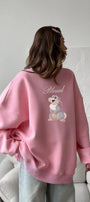 Kadın Oversize Sweatshirt Elbise Blessed Bunny Baskılı Pembe – Bisiklet Yaka, 3 İplik Şardonlu Polar