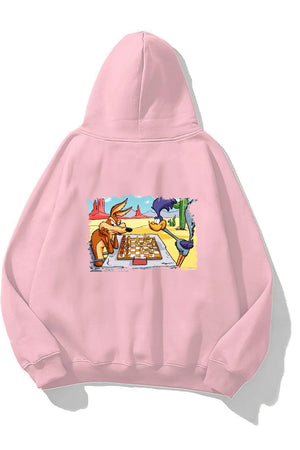 Kapüşonlu İçi Polar Satranç Cartoon Baskılı Pembe Unisex Oversize Hoodie Sweatshirt