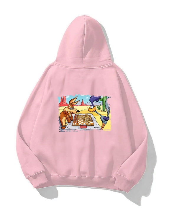 Kapüşonlu İçi Polar Satranç Cartoon Baskılı Pembe Unisex Oversize Hoodie Sweatshirt