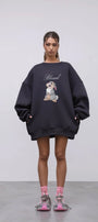 Kadın Oversize Sweatshirt Elbise Blessed Bunny Baskılı Füme – Bisiklet Yaka, 3 İplik Şardonlu Polar